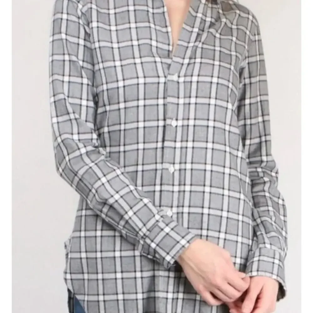 Frank & Eileen Grayson Shirt Gray Plaid Italian Flannel Button Up Womens Small‎